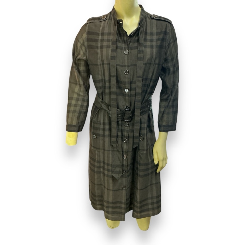 BURBERRY London dress “shift” Silk cotton PLAID S BELTED olive black VTG XS‎ S